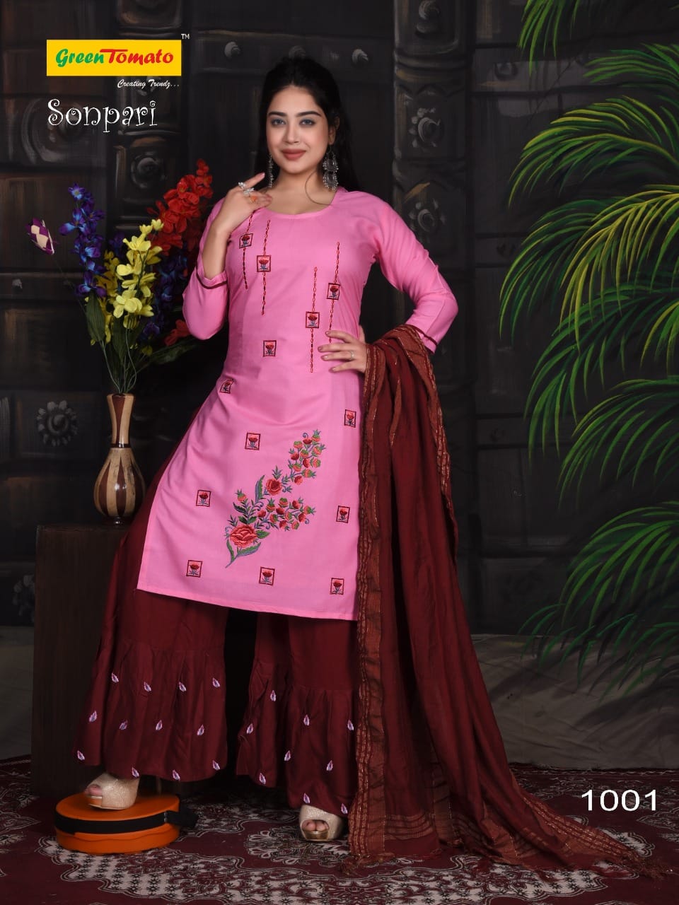 Green Tomato Sonpari Rayon Designer Fancy Ethnic Wear Kurti Sharara And Dupatta Collection